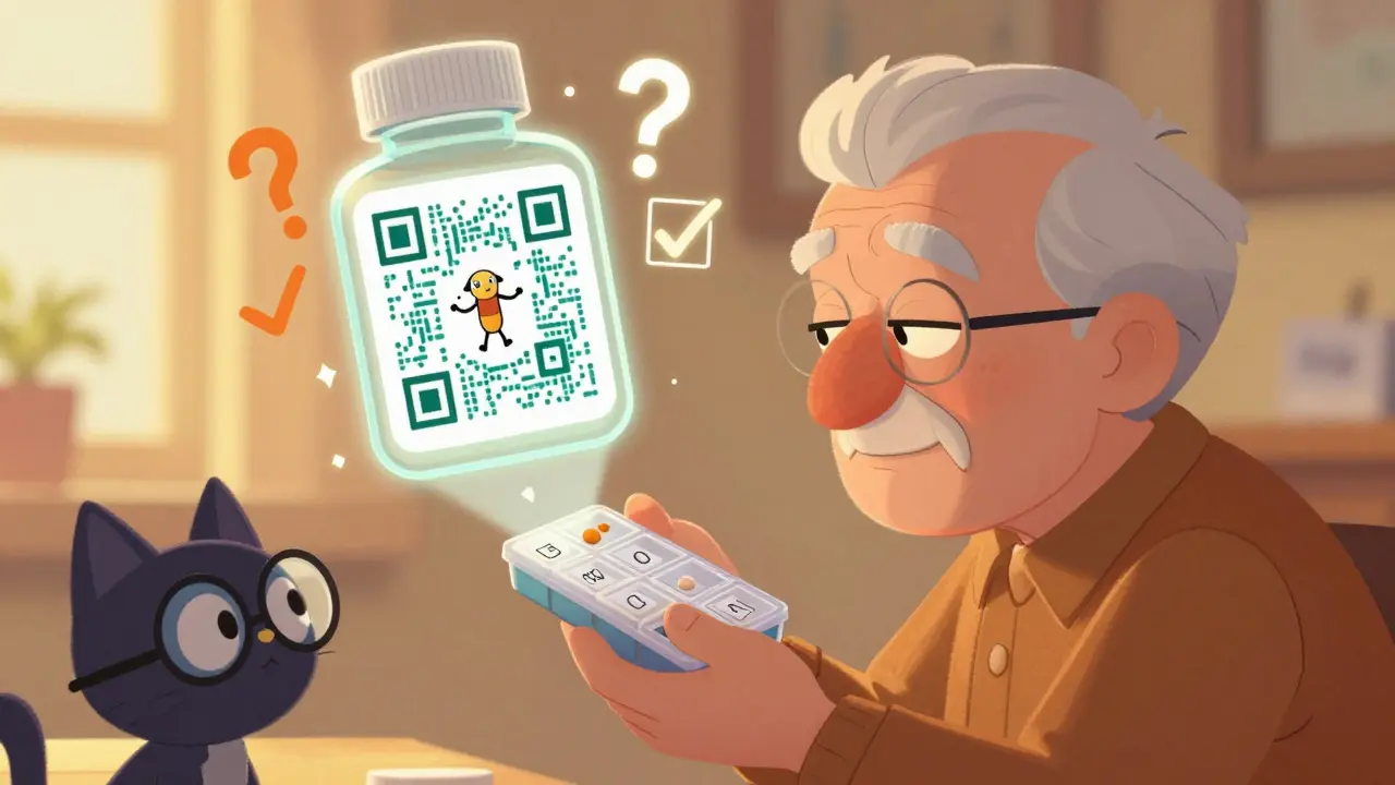 An elderly person views a glowing QR code that projects an animated guide to taking medication safely.