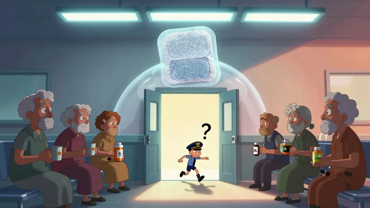 An ER entrance shadowed by a giant scopolamine patch, with elderly patients holding medications, looking disoriented.