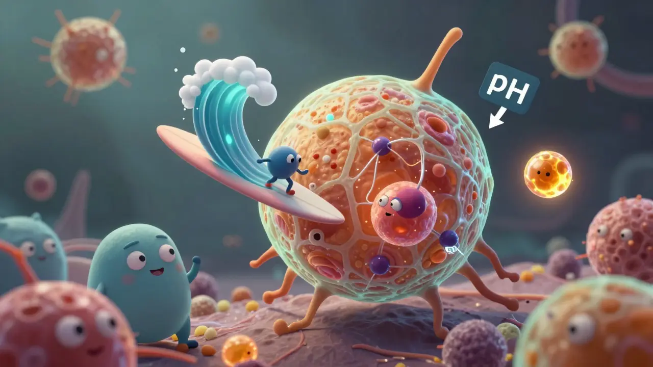 Cartoon illustration of breast cells showing how different drug types move or bounce off based on solubility and pH.