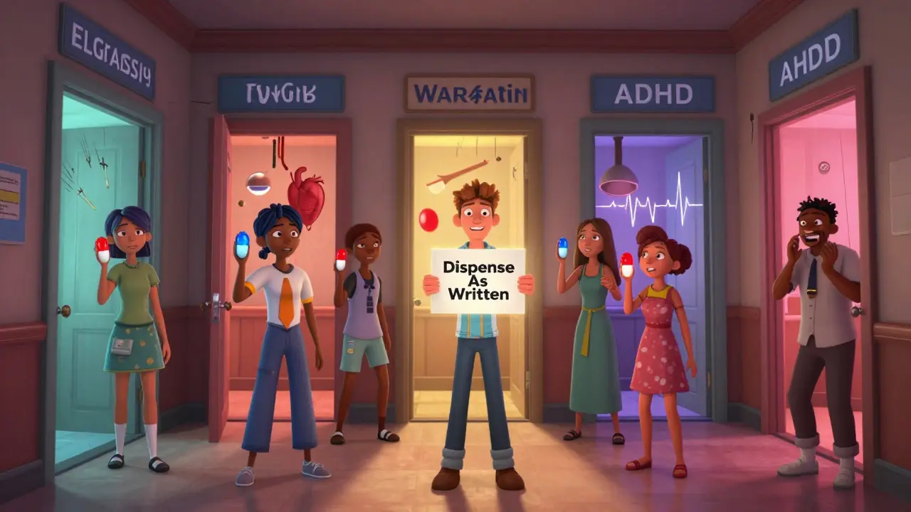 Diverse patients holding different pills, each facing a door representing a high-risk medication, with one holding a 'Dispense As Written' sign.
