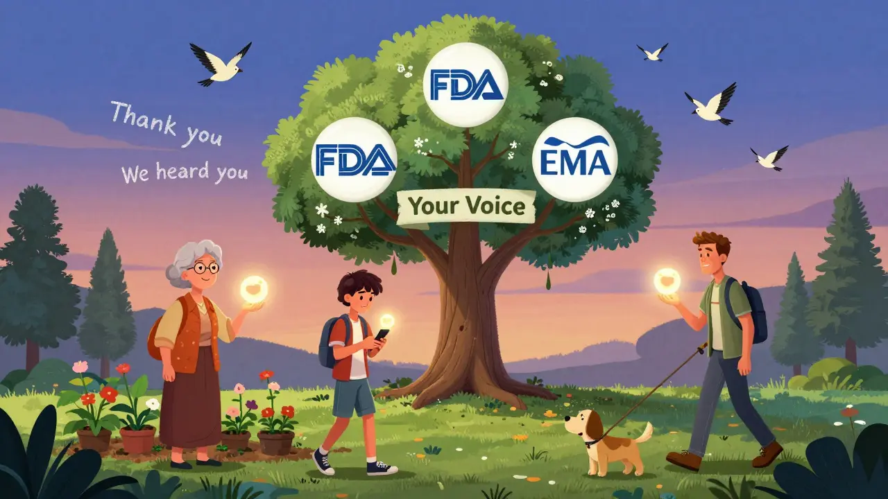 Everyday people holding glowing symptom orbs, as a tree grows from 'Your Voice' with birds made of thank-you messages.