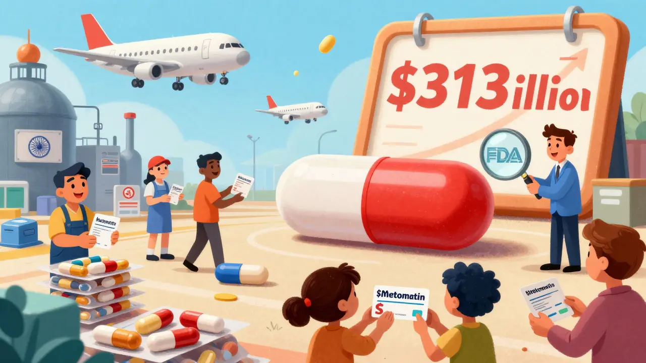 Generic pills traveling globally to a pharmacy while a family picks up their affordable prescription.