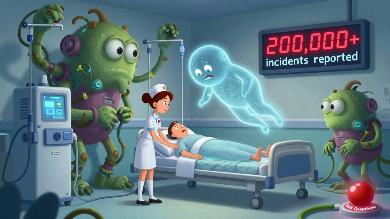 Giant malfunctioning hospital infusion pumps with a floating patient and warning numbers in the air.