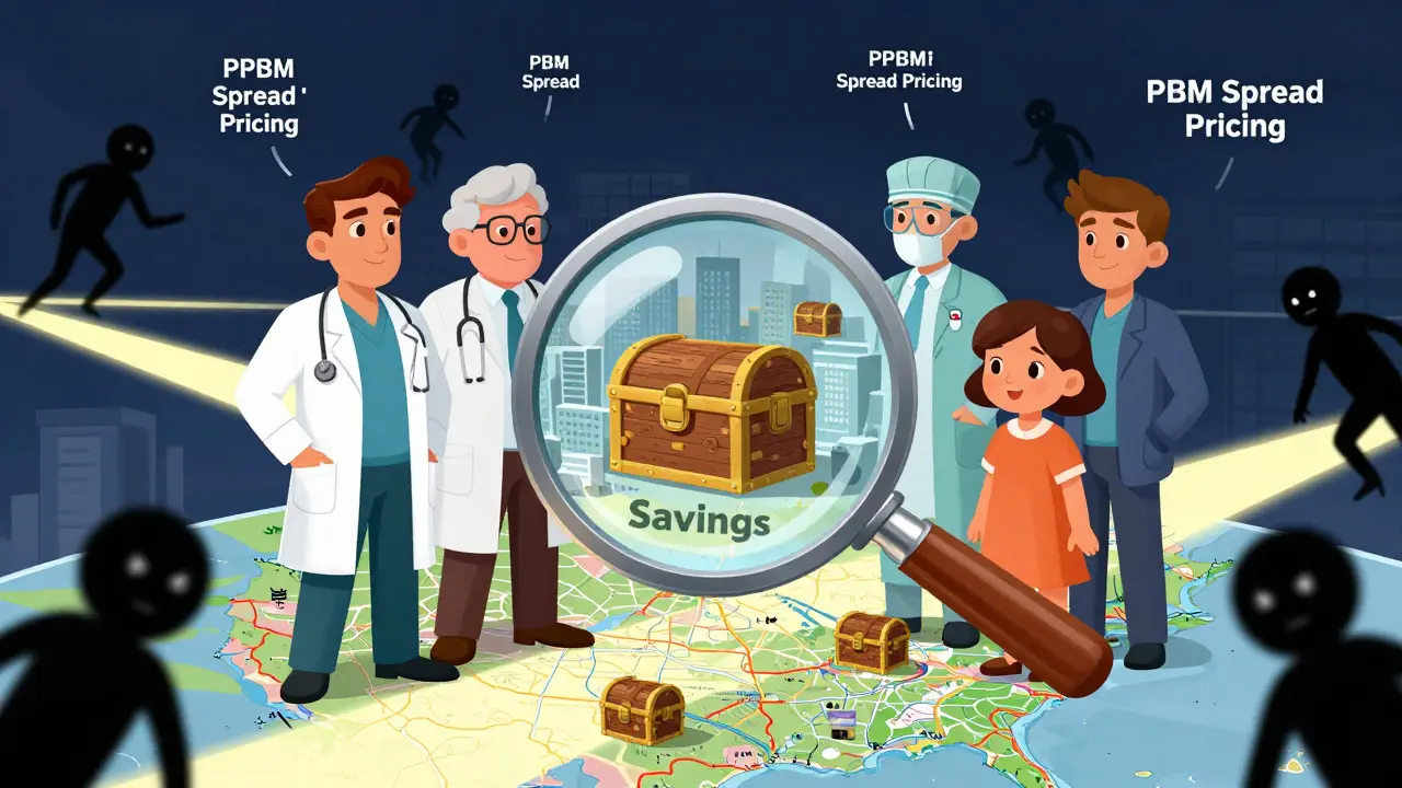 Healthcare heroes using a magnifying glass to reveal savings hidden under a U.S. map.