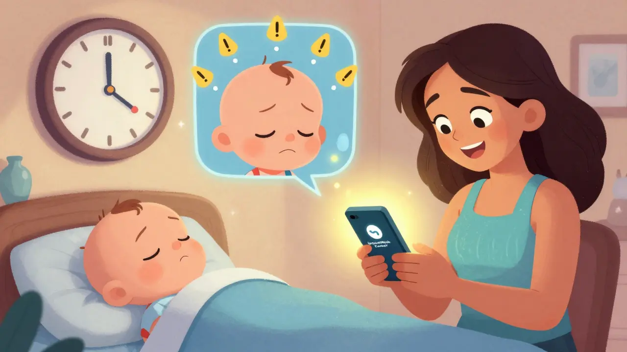 Mother using a safety app while baby sleeps, with happy and worried baby icons showing medication effects.