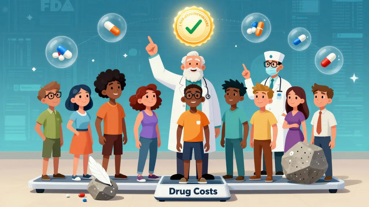 Patients on a scale are light with generics and heavy with brand-name drugs, while FDA approval glows above.