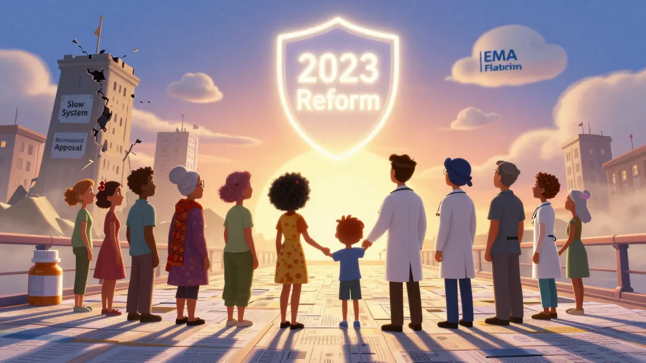 Patients walk toward hope on a bridge of medical charts, leaving behind crumbling outdated systems.