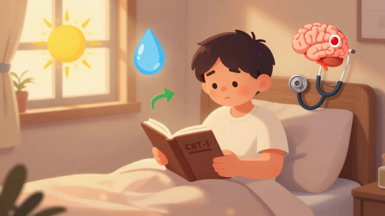 Person journaling sleep patterns with floating icons of light therapy, melatonin, and doctor’s tools.