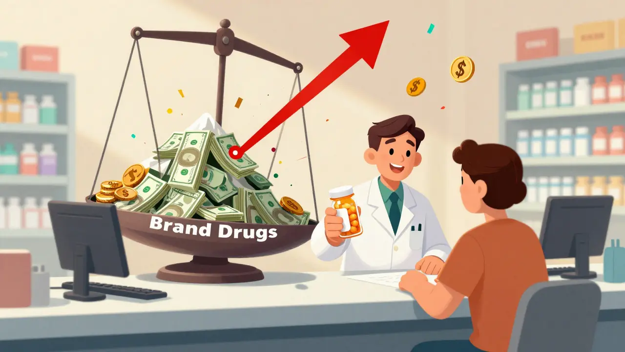 Pharmacist giving a small generic pill bottle while a scale crushes a pile of cash.