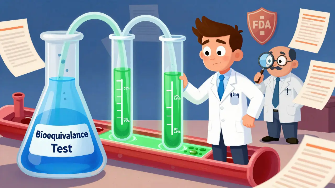 Scientist observing bioequivalence test with matching liquid streams in a blood vessel diagram.