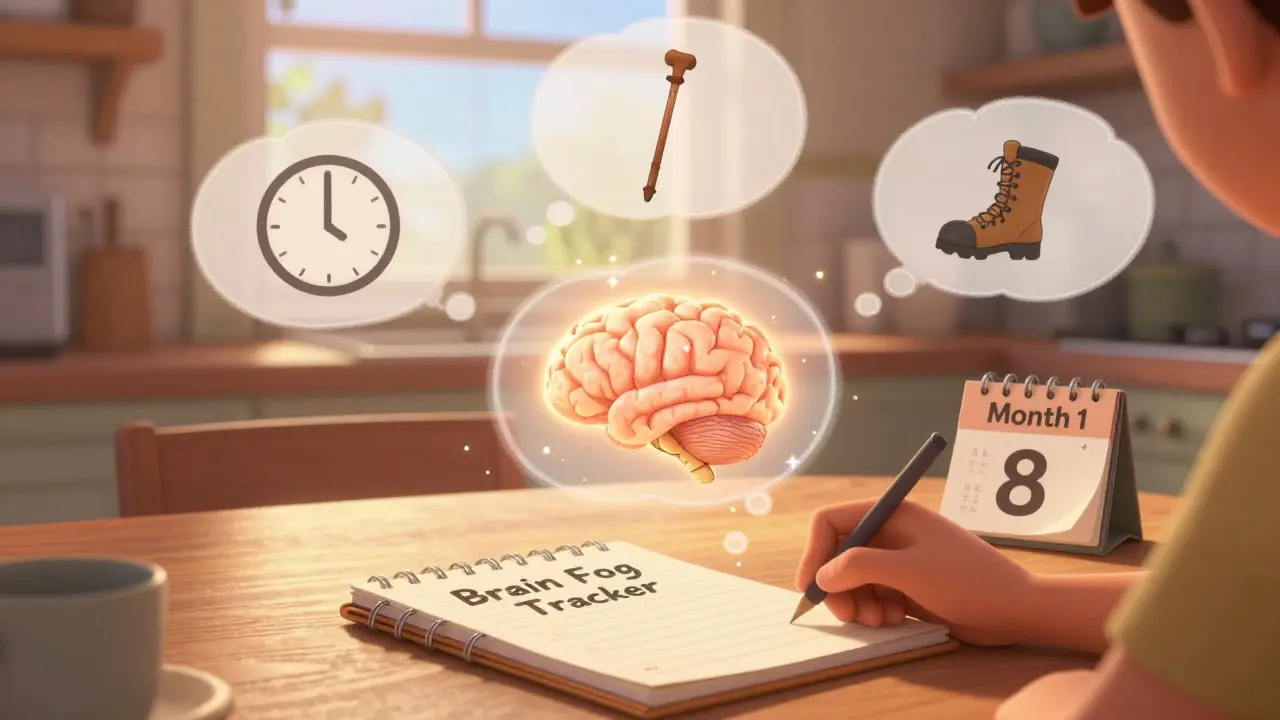 Someone tracking cognitive recovery with a notebook, surrounded by symbols of improving brain function.