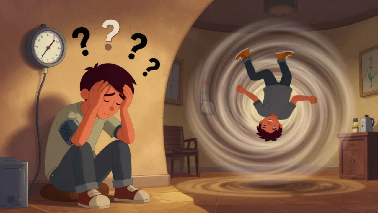 Split scene showing lightheadedness on one side and spinning vertigo on the other, highlighting the difference between dizziness and vertigo.