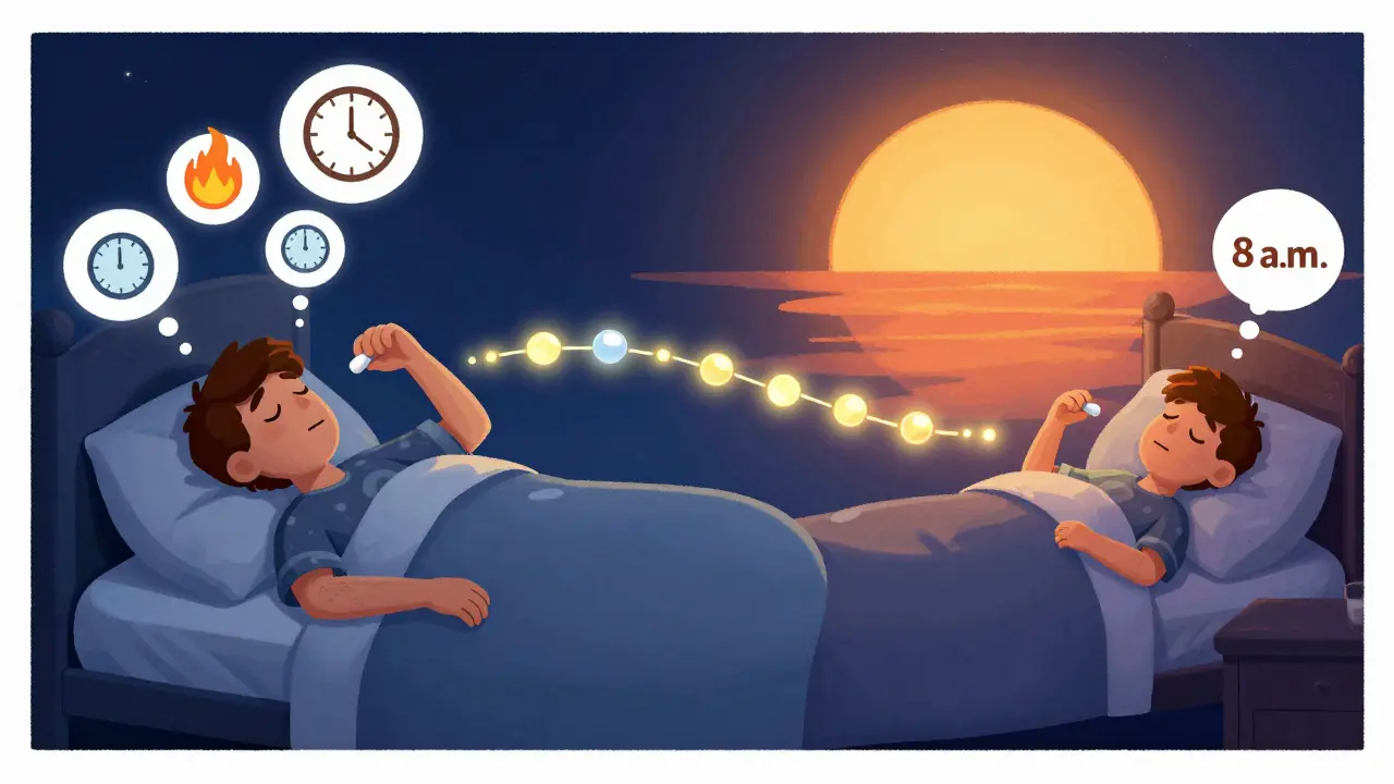 Split scene: taking medication at night vs. morning, showing contrasting sleep outcomes with sunrise and moon.