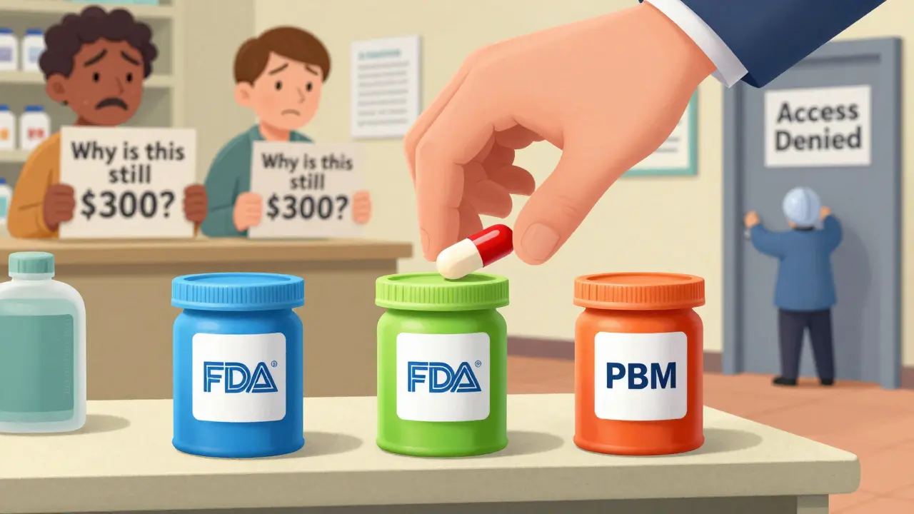 Three generic pills on a shelf, but a PBM picks the most expensive one.