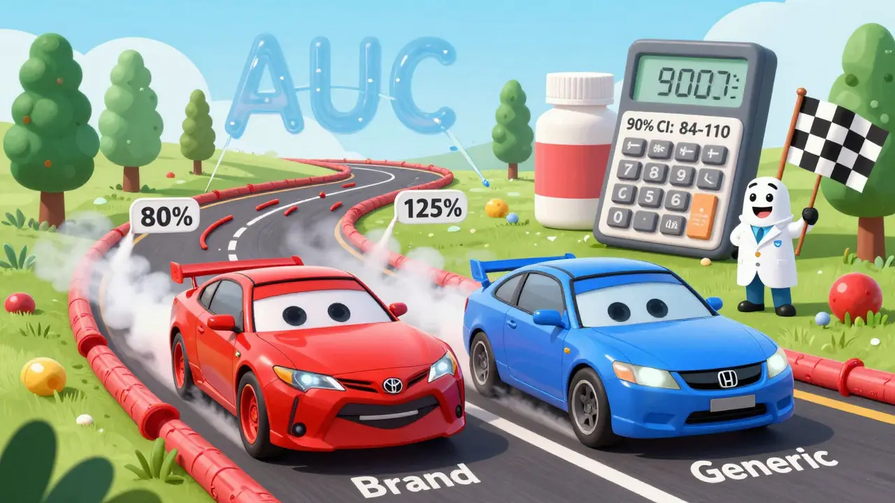 Two cartoon cars racing on a blood-vessel road, producing matching AUC smoke trails within 80-125% boundary markers.