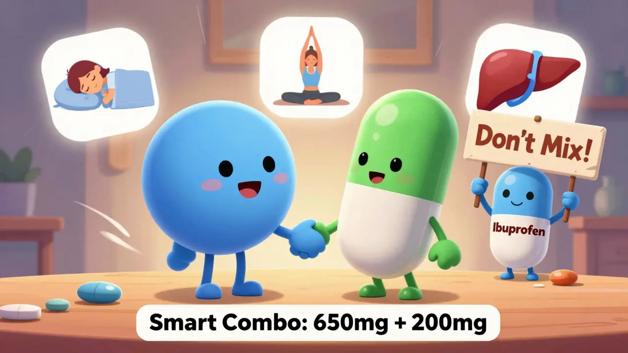 Two friendly pills shaking hands for a safe pain relief combo, while another pill warns against mixing, with floating health icons in cartoon style.
