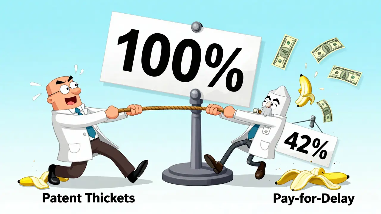 Two generic companies tugging a price tag while a third slips in to drop prices.