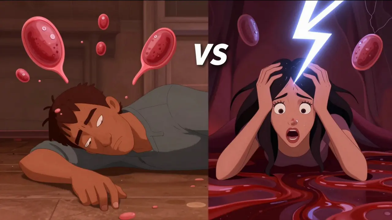Two people collapsing with contrasting stroke symptoms: slow drooping vs. sudden head pain, in DreamWorks cartoon style.