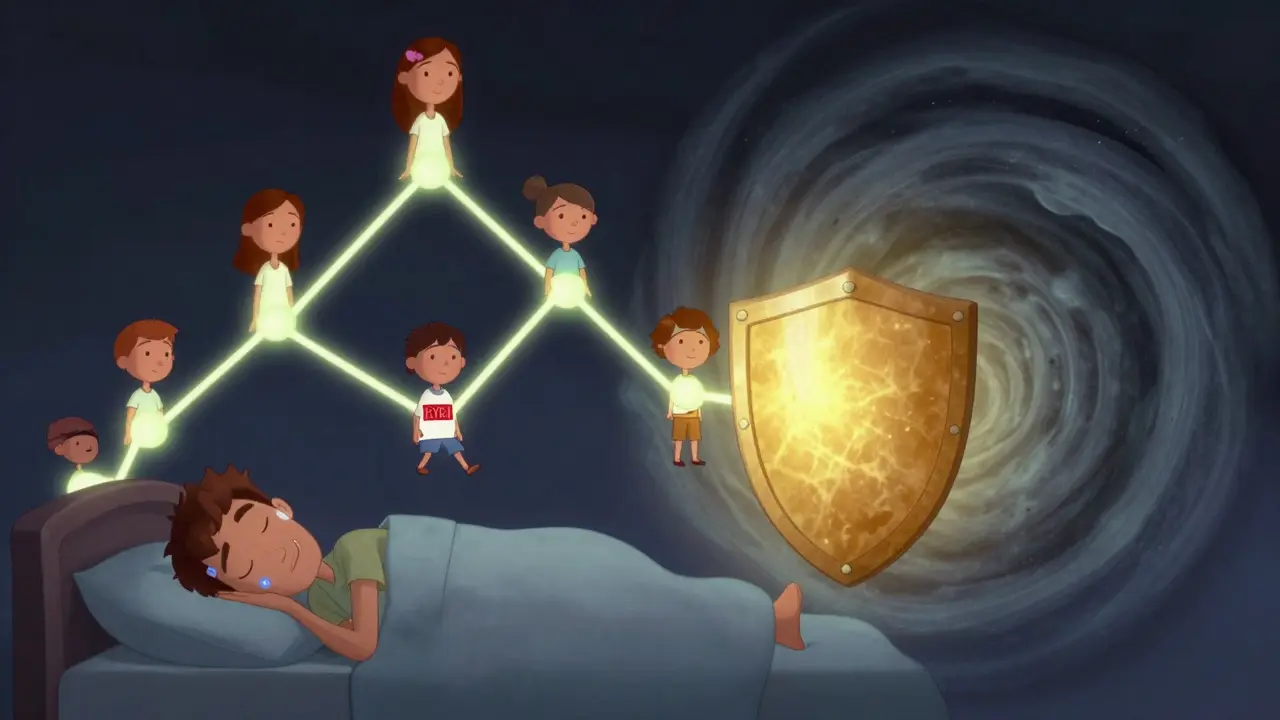 A colorful family tree with a glowing gene mutation, a sleeping patient, and a protective shield blocking dangerous anesthesia gases.