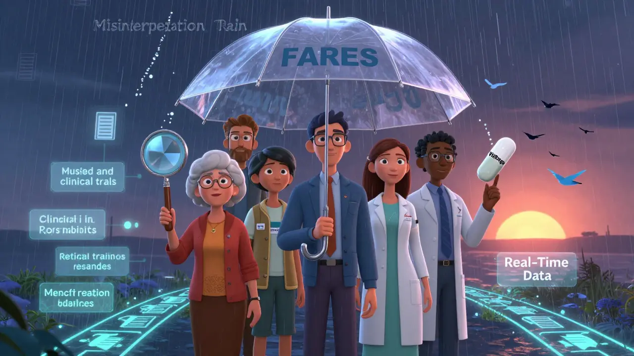 A diverse group protected by a FAERS umbrella from misinterpretation rain, holding tools and looking toward a sunrise labeled 'Real-Time Data'.