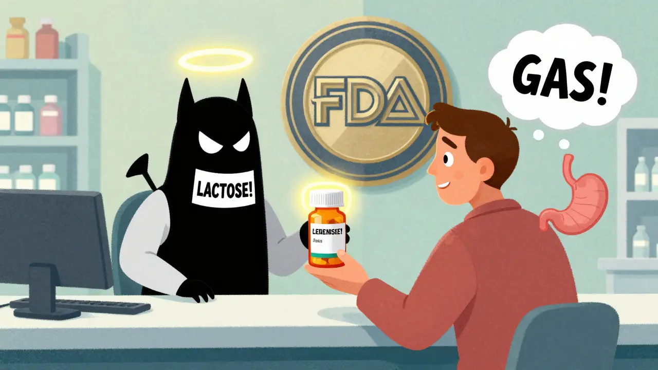 A generic pill turns into a sneaky villain labeled 'LACTOSE!' while a brand-name pill glows safely nearby.