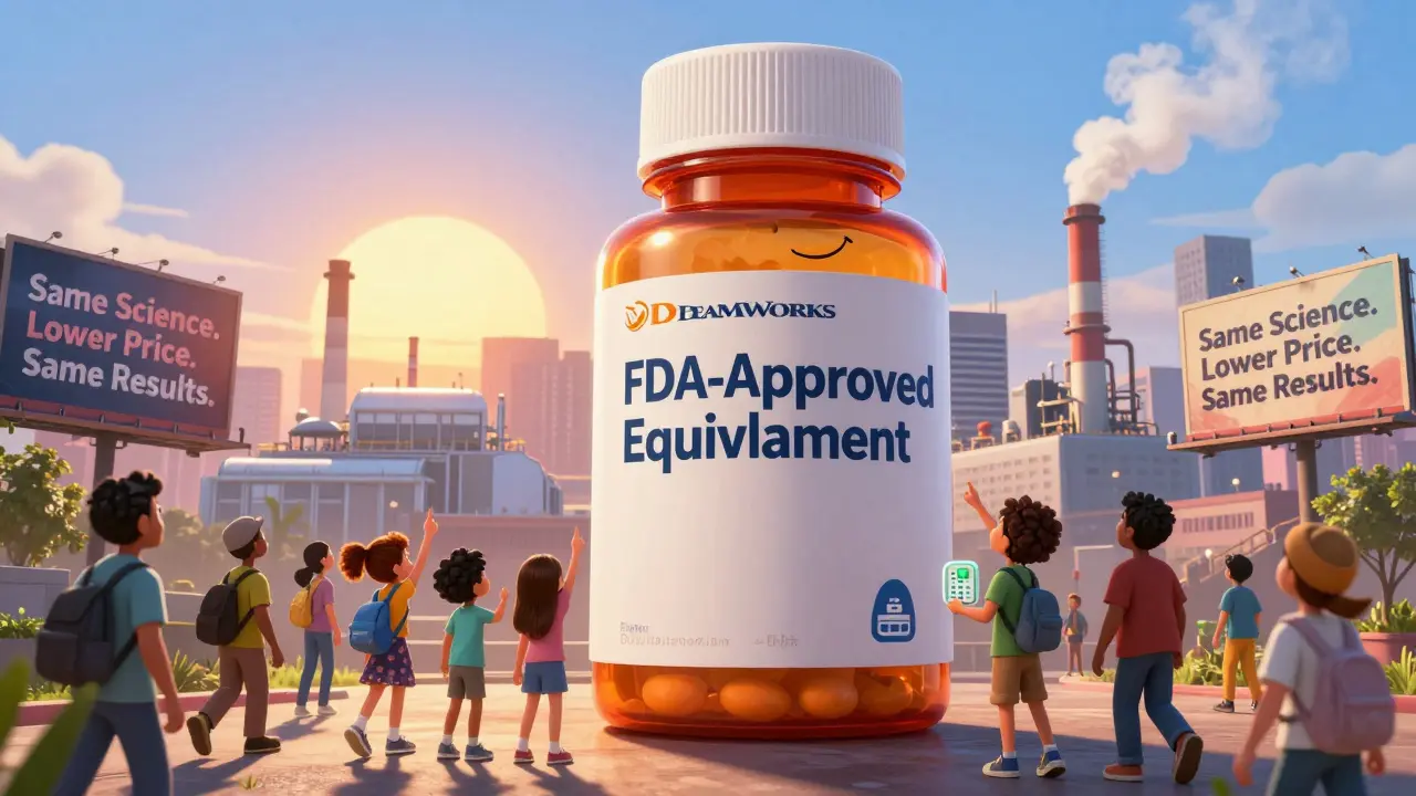 A giant labeled pill bottle towers over a city skyline, symbolizing trusted, affordable medication with a rising sun in the background.
