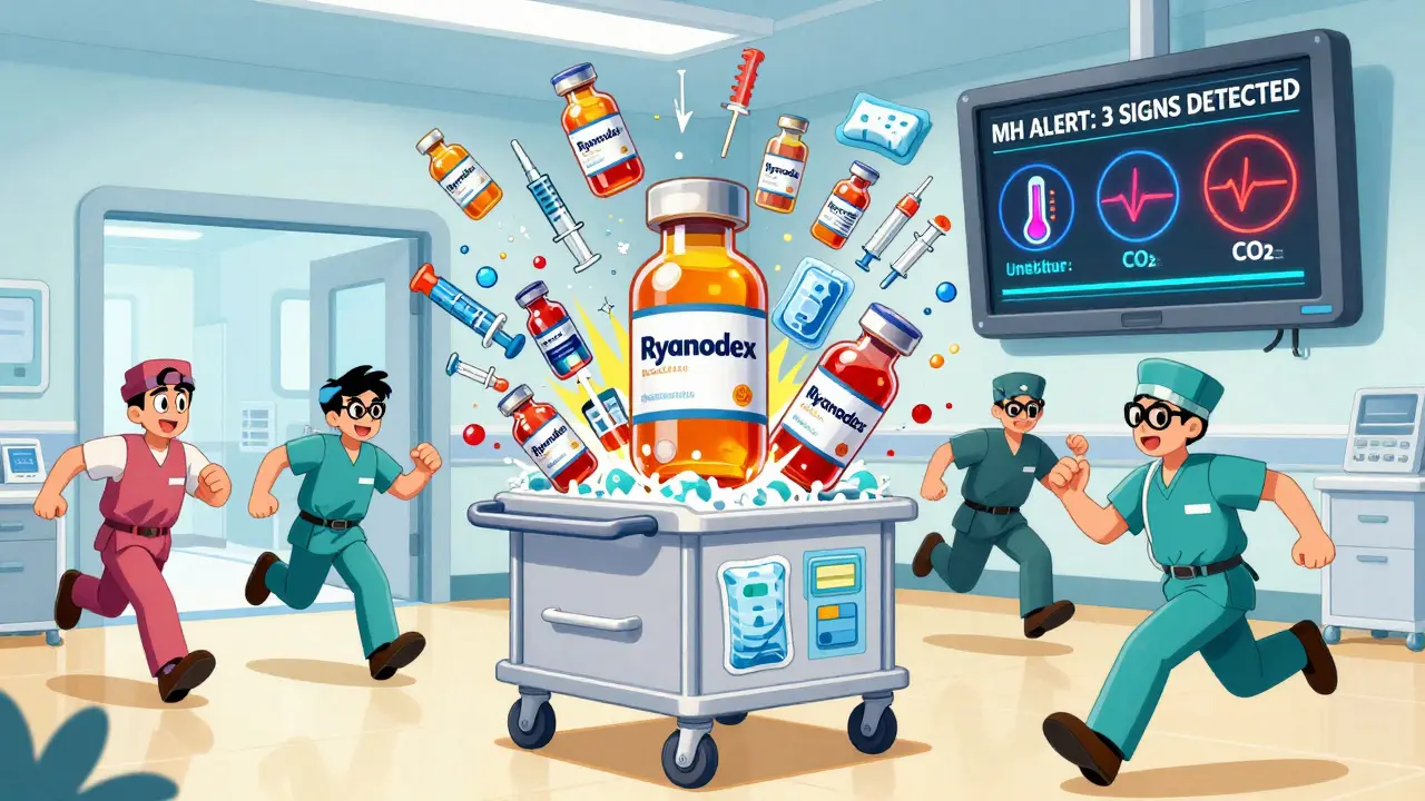 A medical emergency cart exploding with dantrolene vials and cooling supplies, team rushing toward surgery as digital alerts flash on a monitor.