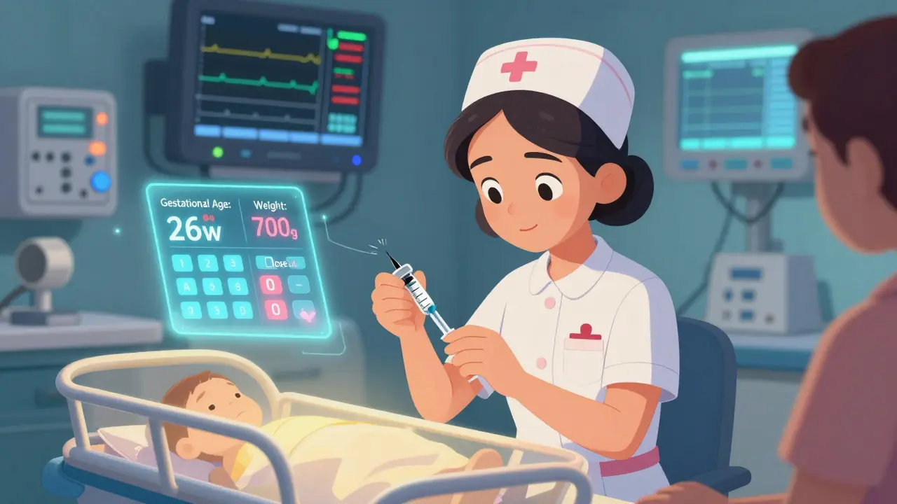 A NICU nurse carefully administering a tiny dose of medication, with a warning display showing gestational age and dosing risk.