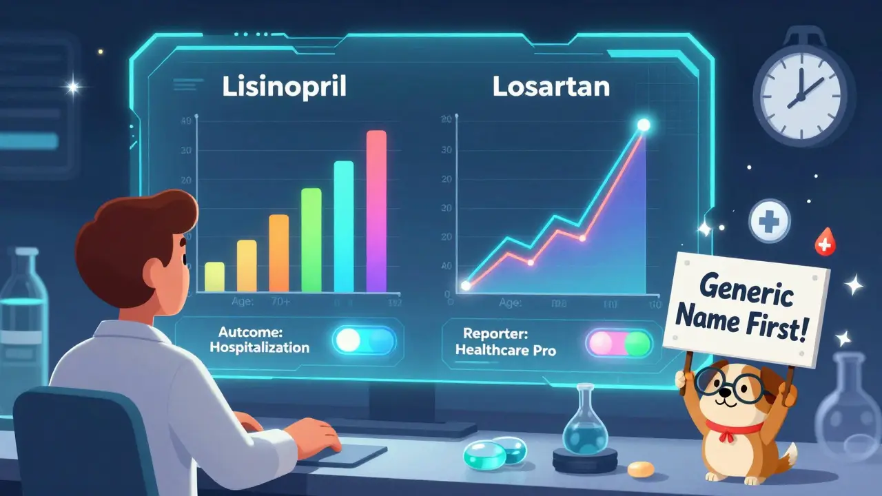 A scientist comparing two drugs on a holographic panel with animated filters and a dog holding a sign about using generic names.