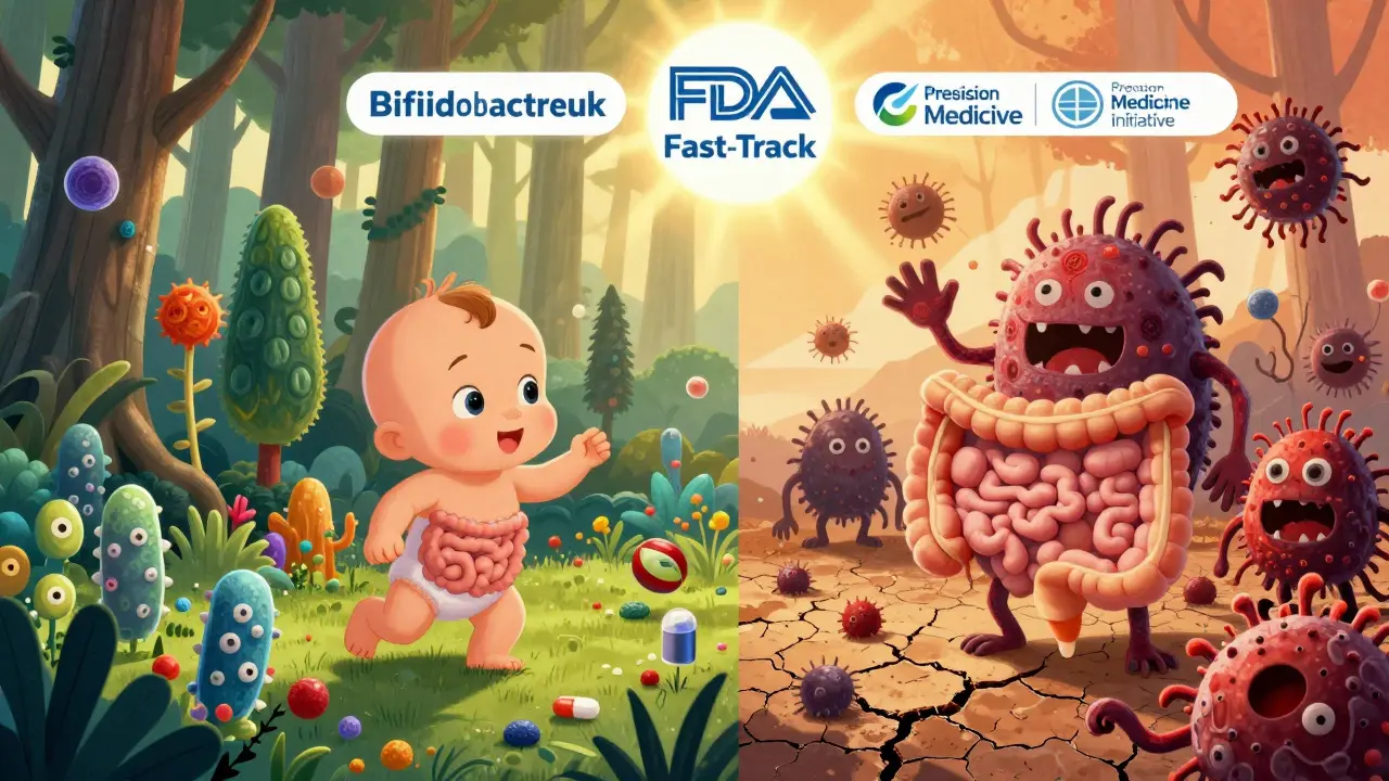 A split image of a healthy gut microbiome versus a damaged one after antibiotics, with symbols of new medical innovations above.