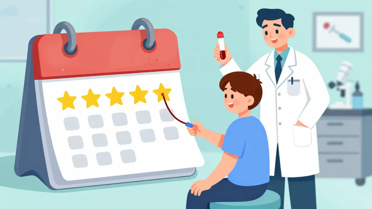 Calendar with five stars marking blood test 5 days after switching medication
