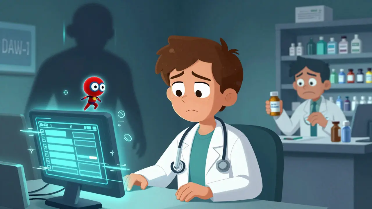 Doctor confused by electronic system while DAW-1 code escapes and patient shadow shows seizure risk.