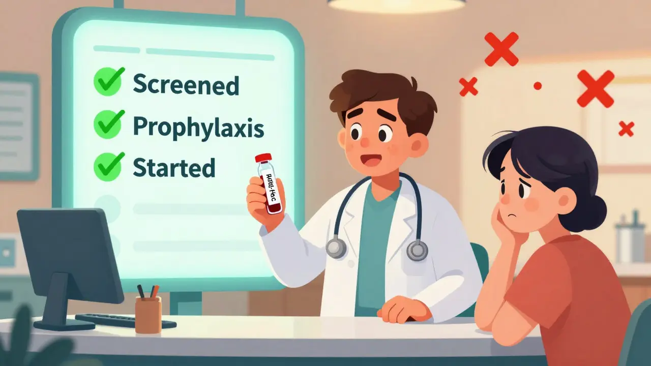 Doctors holding blood test vials while a patient watches, with a glowing screening checklist in the background.