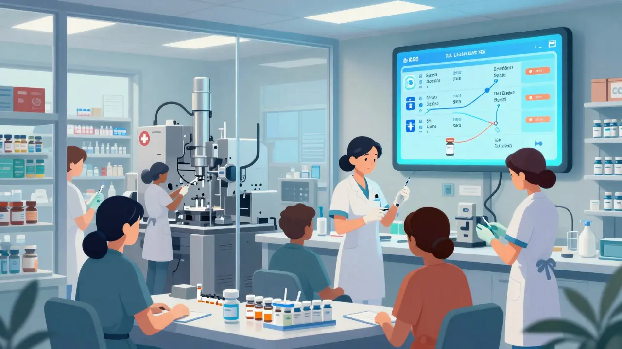 Nurses administer biosimilar injections in a hospital as behind-the-scenes manufacturing tech is visible through glass walls.