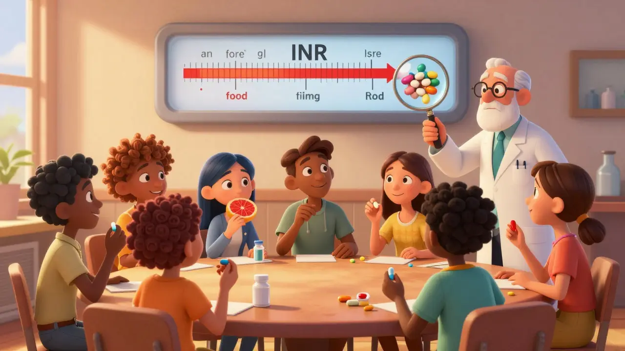 Patients at a table with a fluctuating INR meter, revealing real causes like food and missed doses—not the generic drug.
