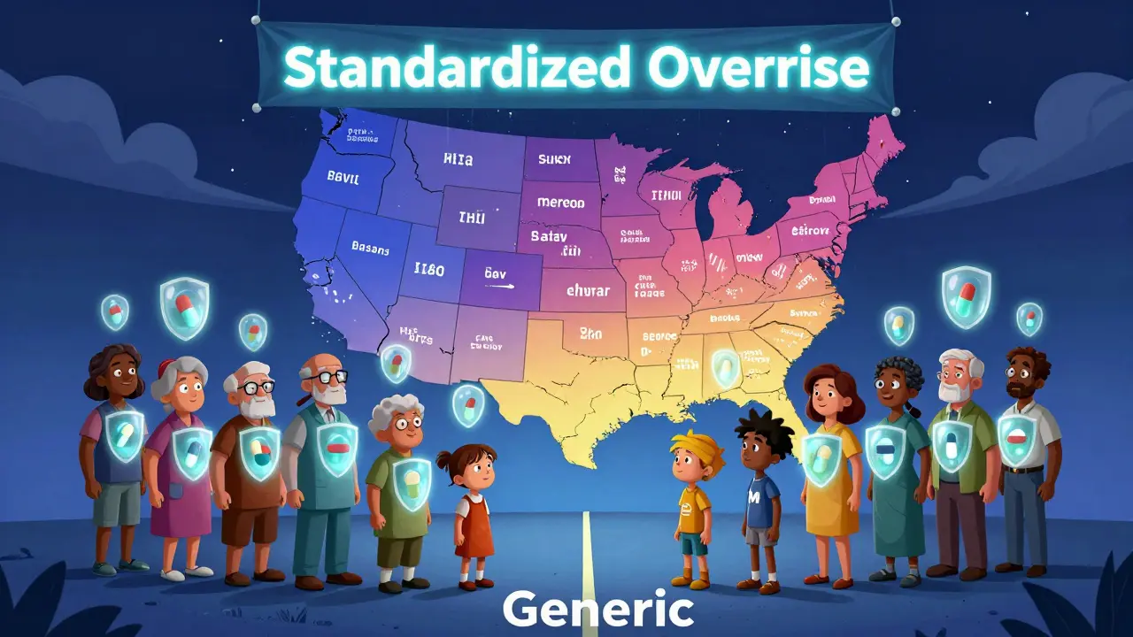Patients divided by generic vs. brand pills, with U.S. state rules cracking as federal solution descends.