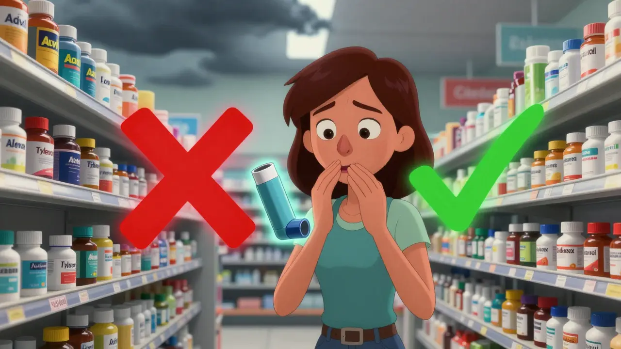 Woman in pharmacy comparing painkillers, red Xs over NSAIDs, green check on safe alternatives.