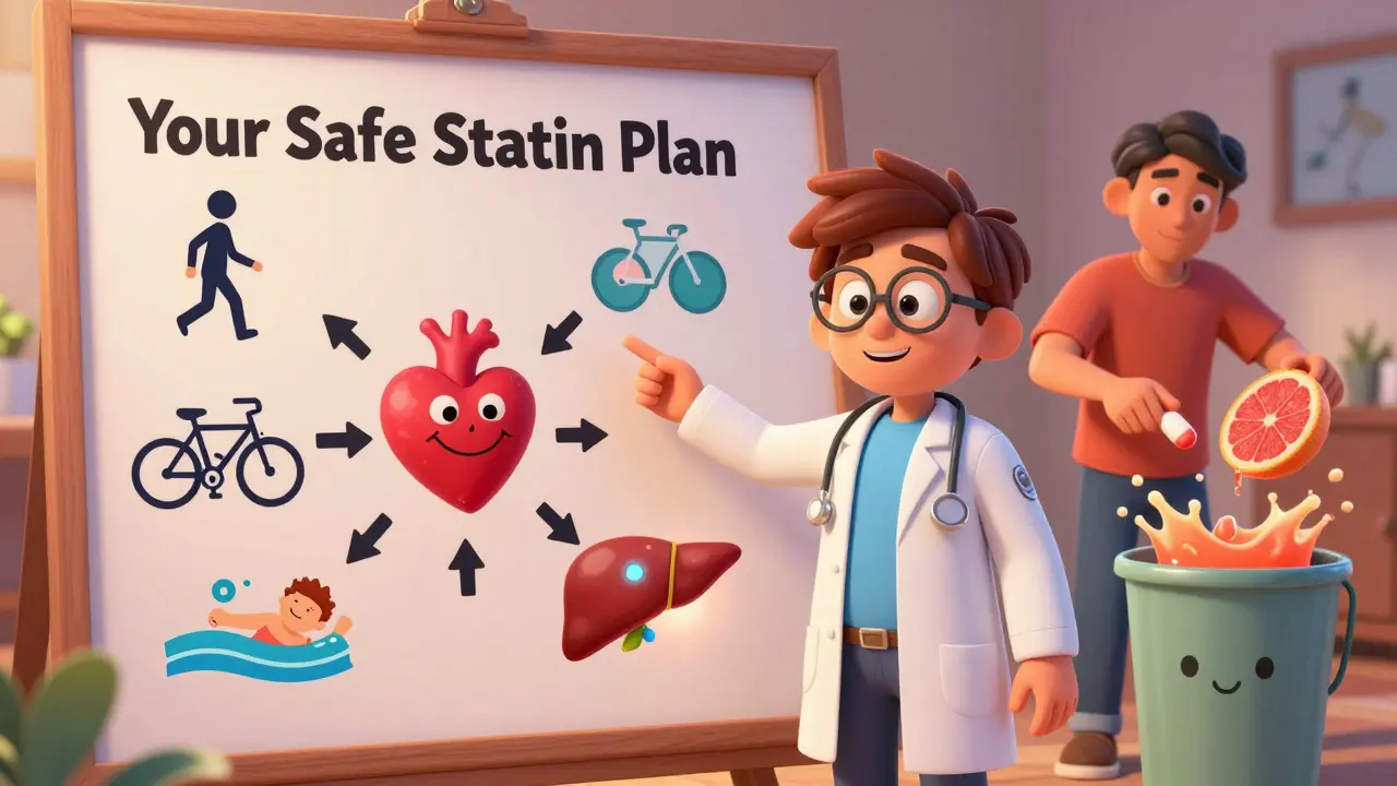 A doctor explains a safe statin plan using icons of walking, cycling, and swimming, with a patient switching pill types.