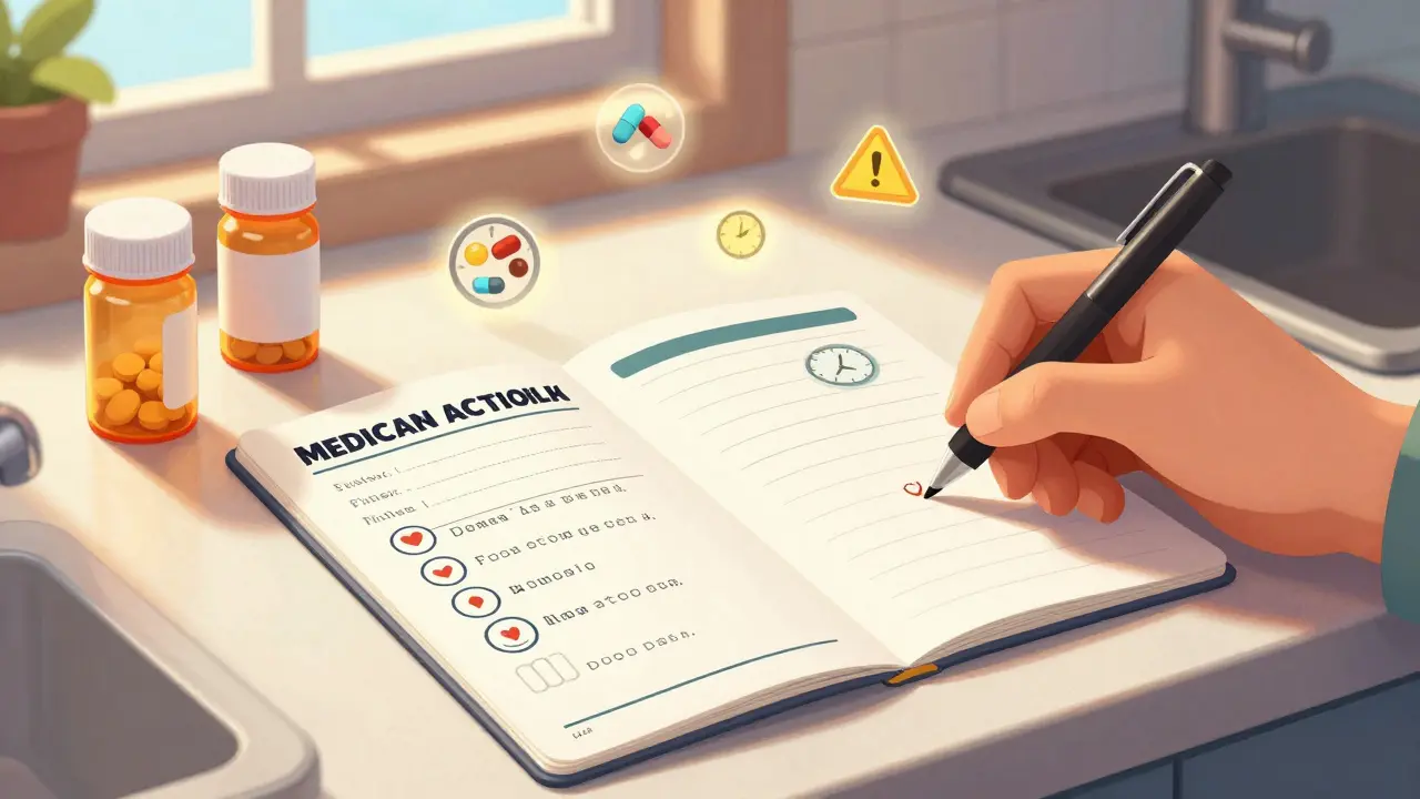 A laminated medication action plan with pill bottles and a pen on a sunny kitchen counter.