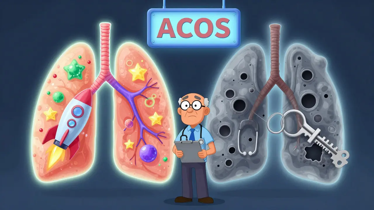 A patient between two lung types, representing Asthma-COPD Overlap Syndrome with combined treatments.