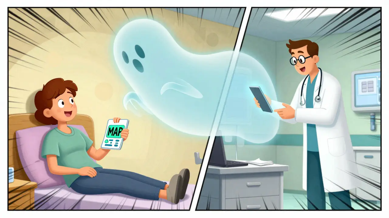 A patient updates their medication plan at home while a transparent version helps in an emergency room.