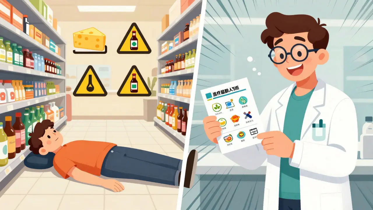 A person collapses from dangerous food-drug interactions, then smiles as a pharmacist offers a safer medication plan.