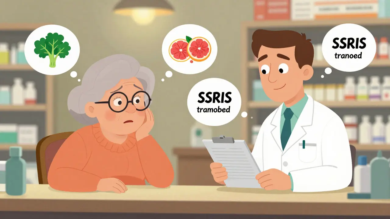 An elderly woman and pharmacist discuss medication interactions with floating warning icons above them at a pharmacy counter.