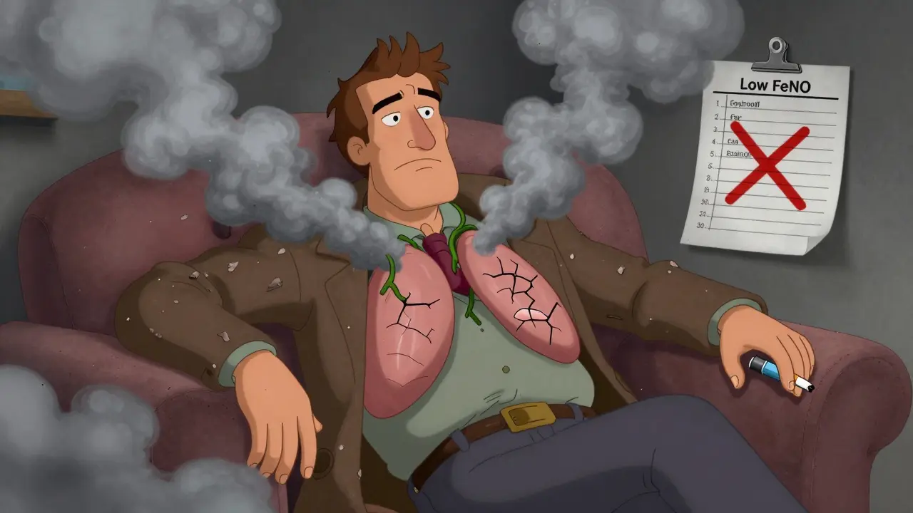 An older man with smoking-related lung damage, depicting COPD as permanent and progressive.