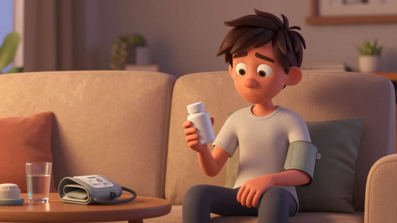 Animated person holding pill bottle near blood pressure monitor