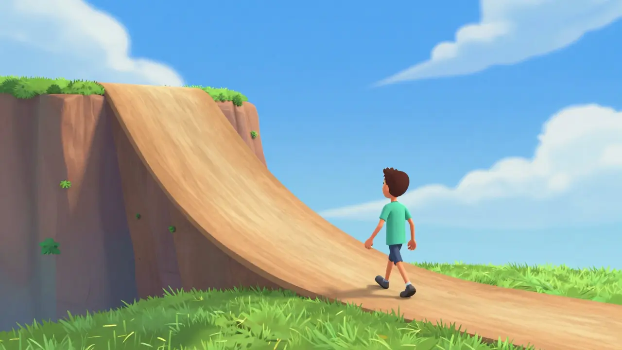 Character walking down a gentle ramp instead of a cliff edge