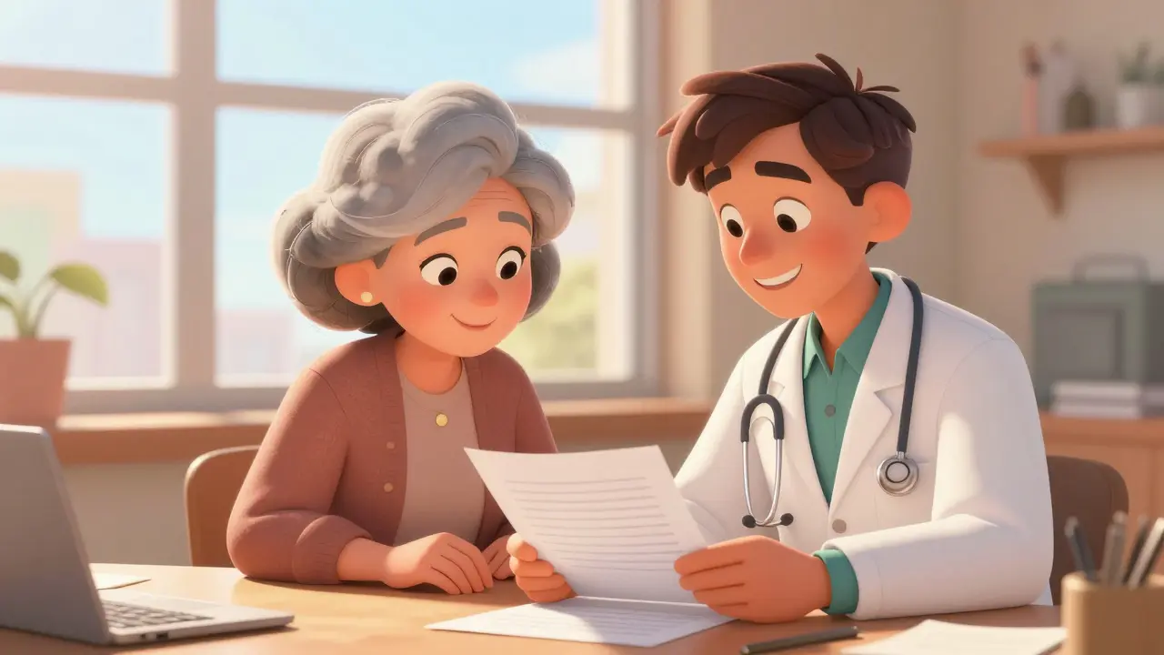 Doctor and senior smiling while reviewing notes together