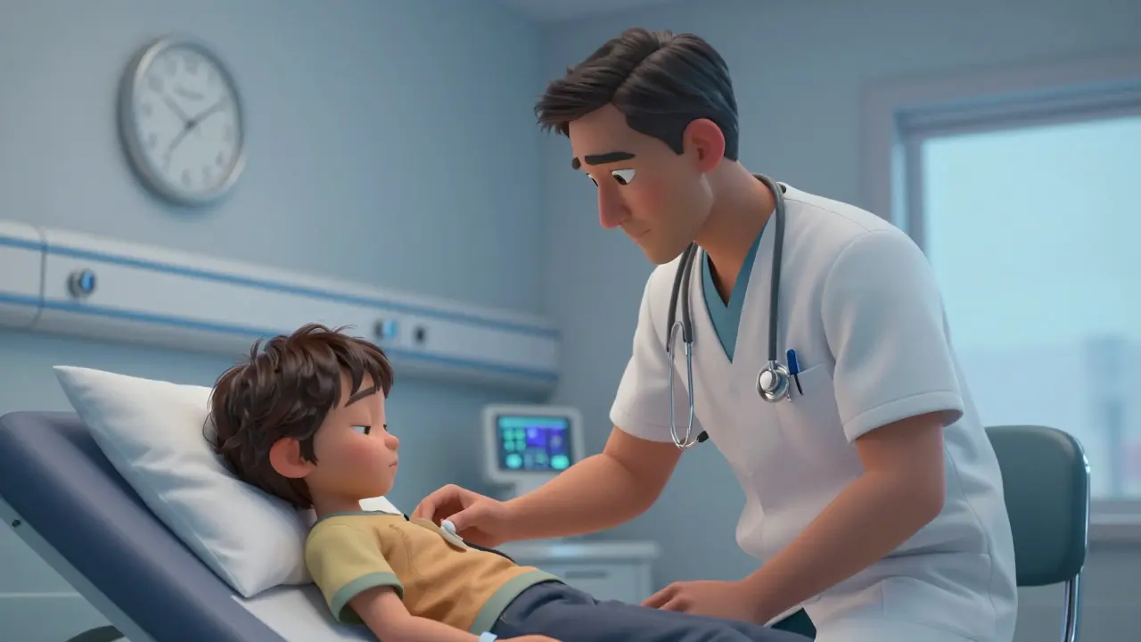 Doctor gently examining a resting child in a hospital room