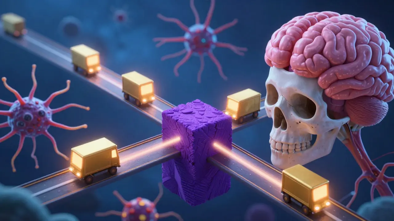 Glowing signal trucks blocked by shadows on neural pathway