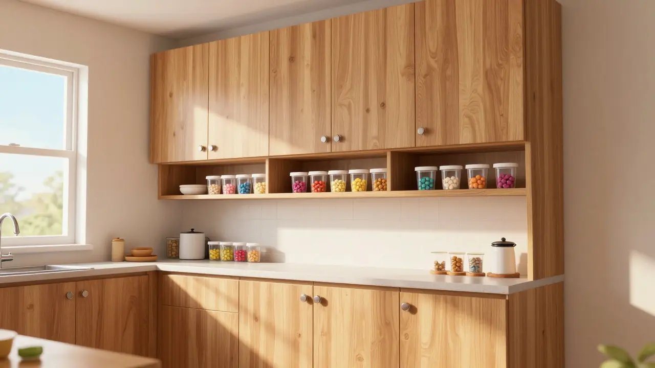 Locked medicine cabinet placed high above reach in kitchen